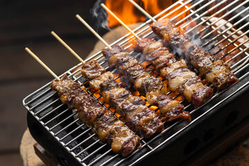 wagyu Meat skewer being grilled