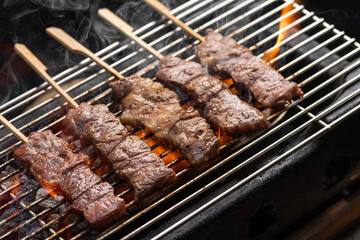 wagyu Meat skewer being grilled