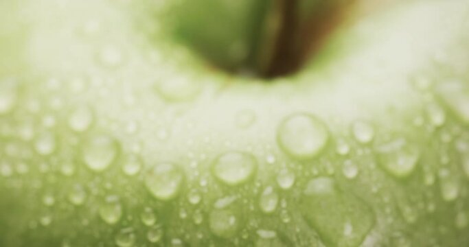 Micro video of close up of green apple with water drops and copy space