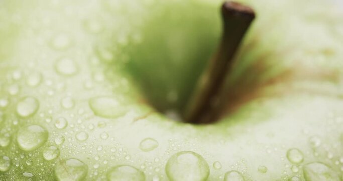 Micro video of close up of green apple with water drops and copy space