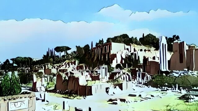 Present and past of Temple of Caesar and of Castor and Pollux of Rome in Italy, cartoon animation reconstruction