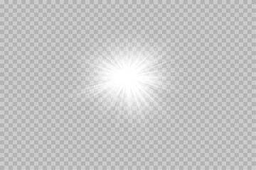 White glowing light explodes on a transparent background. with ray. Transparent shining sun, bright flash.