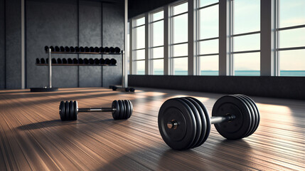 Gym with dumbbells for exercise or fitness room. generative ai
