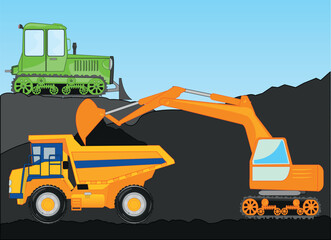 Obraz na płótnie Canvas Dump truck and excavator works loads in quarry