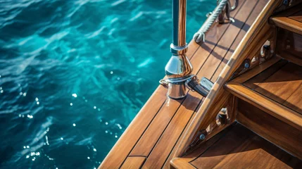 Tuinposter Sailing boat stern deck teak wood and metal ladders © Wroth