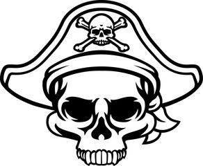 A pirate skull and crossbones jolly roger grim reaper cartoon wearing captain a hat and eye patch