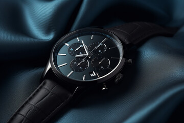 A beautiful luxury men's watch with a black or dark dial and a leather strap on a beautiful dark fabric background.generative ai

