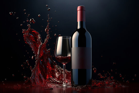 A beautiful nameless wine bottle with a glass of wine and a splash of wine or other liquid on a beautiful dark background with space for your logo or text. generative ai
