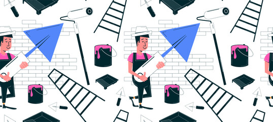 Seamless pattern with painting tools. Vector seamless background in retro style with the character of a house painter at work. Vintage illustration from 60s, 70s. Retro linear illustration.