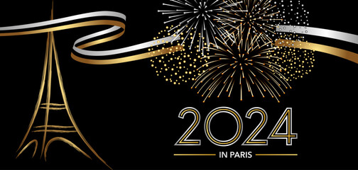 2024 - carte ou bannière pour souhaiter la nouvelle année sur le thème des fêtes nocturnes à Paris avec des feux d’artifice et la tour Eiffel stylisée, or et argent sur fond noir.