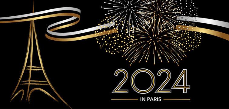 2024 - carte ou banni&egrave;re pour souhaiter la nouvelle ann&eacute;e sur le th&egrave;me des f&ecirc;tes nocturnes &agrave; Paris avec des feux d&rsquo;artifice et la tour Eiffel stylis&eacute;e, or et argent sur fond noir.