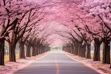 Rolgordijnen A scenic road enveloped by cherry blossom trees in full splendor, showering petals with every gentle breeze © Davivd