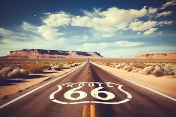 Fotobehang The allure of the open road beckons, marked by a vintage Route 66 sign standing proudly, echoing tales of legendary journeys © Davivd