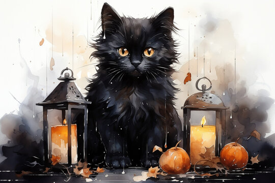 Cute black cat sitting on a table with candles and pumpkins
