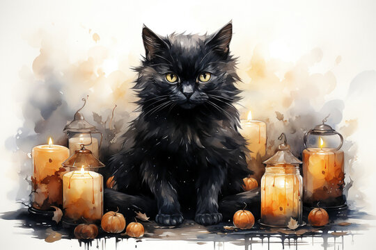 Halloween black cat with candles and pumpkins. Watercolor illustration.