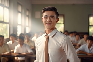 Portrait of a young student in front of people from his class. Classroom with a students on background.