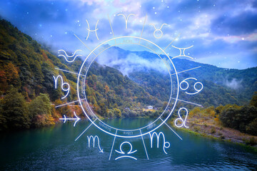 Zodiac wheel and beautiful view on river in mountains