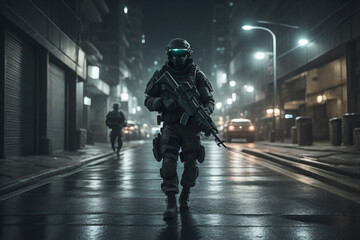 Obraz premium Army soilder who wear black tactical closes with a nocturn vision. AI Generative 