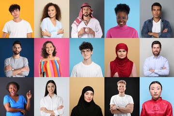 Collage with portraits of people on different color backgrounds