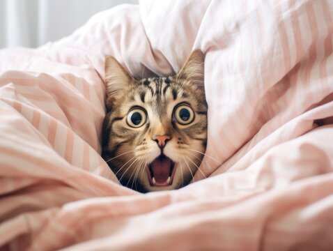 Funny crazy shorthair cat portrait looking shocked or surprised. Frightened face with open mouth. Kitten lying in pink and white bed. Emotional stress in a pet, adaptation, aggression
