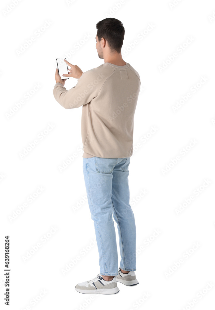 Poster man using smartphone with blank screen on white background