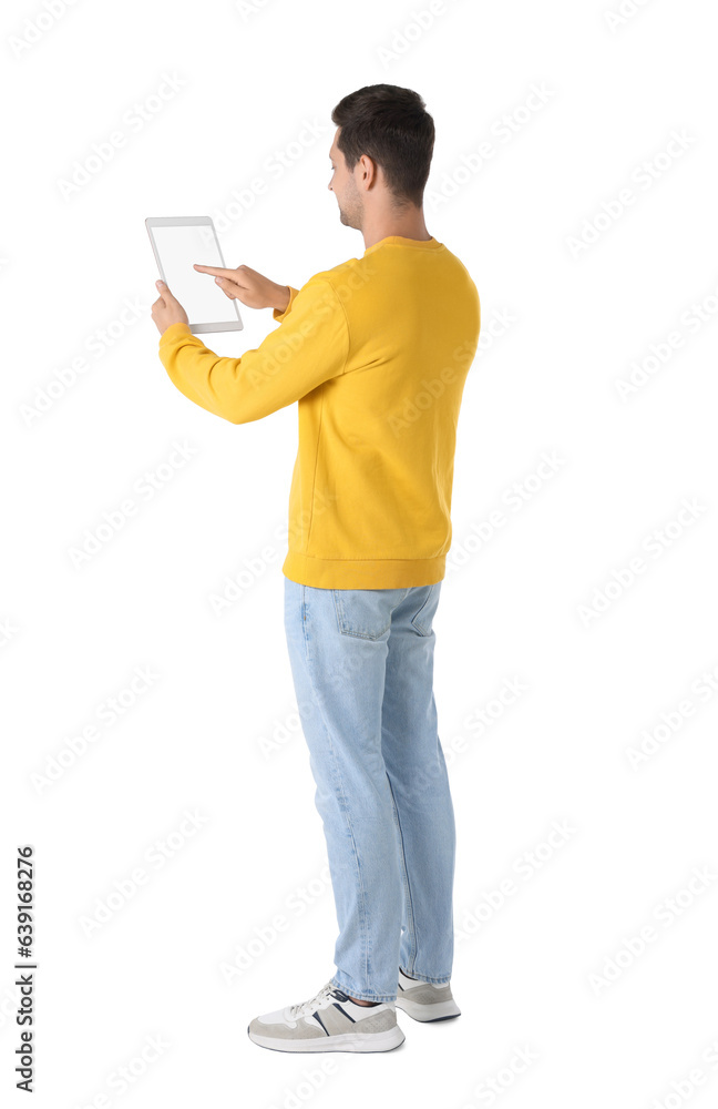 Aufkleber man using tablet with blank screen on white background