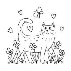 Cat and flowers linear drawing. Stylized character for coloring. - 639168239