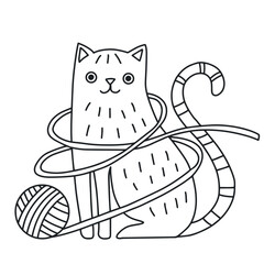 The cat is playing with a ball of thread. Stylized character for coloring.