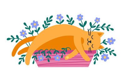 Cat character and indoor flowers. Flat style.