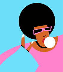 A girl with an Afro haircut in a pink suit on a blue background inflates gum. Life in pink 2023. Flat vector illustration.