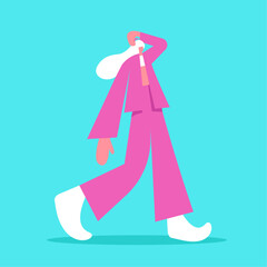 A girl in a pink suit with white hair walks against a blue background. Life in pink.