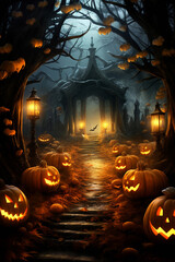 Illustration with glowing pumpkins and a spooky cemetery. Halloween celebration concept. Generated AI