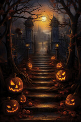 Spooky illustration with steps leading to the old scary castle. Halloween celebration concept. Generated AI