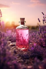 Glass bottle of lavender essential oil with fresh flowers. Flowering field on the background, sunset. Aromatherapy spa massage vertical concept. Lavendula oleum