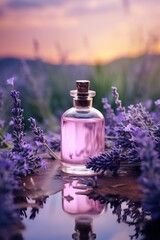 Obraz na płótnie Canvas Glass bottle of lavender essential oil with fresh flowers. Flowering field on the background, sunset. Aromatherapy spa massage vertical concept. Lavendula oleum