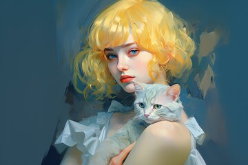 painting style illustration of pretty woman portrait with cute cat, generative Ai