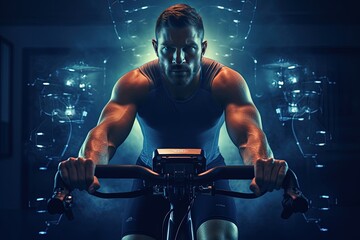 Young man during workout on a smart exercise bike. A scientific approach to training for maximum performance.