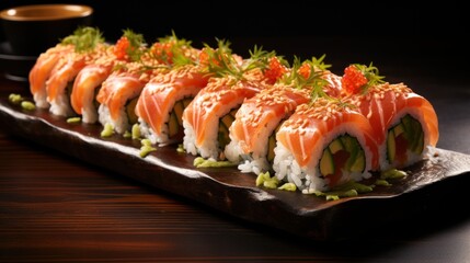 A set of fresh sushi rolls with salmon, avocado. Japanese sushi