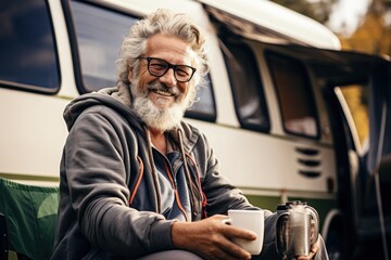 Active old happy hipster man standing near an RV camper van on vacation. Mature travelers looking away enjoying the view, holding drinking coffee waking