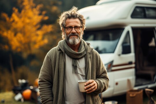 Active old happy hipster man standing near an RV camper van on vacation. Mature travelers looking away enjoying the view, holding drinking coffee waking