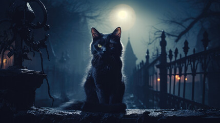 Halloween Cat on Spooky Fence - obrazy, fototapety, plakaty