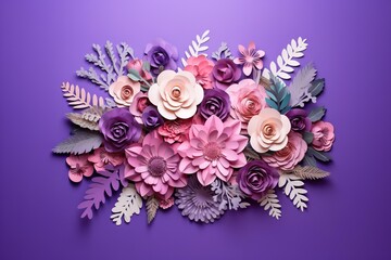 Floral bouquet isolated on purple background. Colorful paper spring flowers and leaves wallpaper. Bright greeting card design for holiday, Mother's day, easter, Valentine's day. Papercraft, quilling