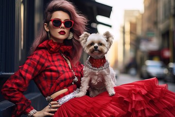  artistic woman street fashion portrait, pretty girl with cute dog at urban city street, red black...