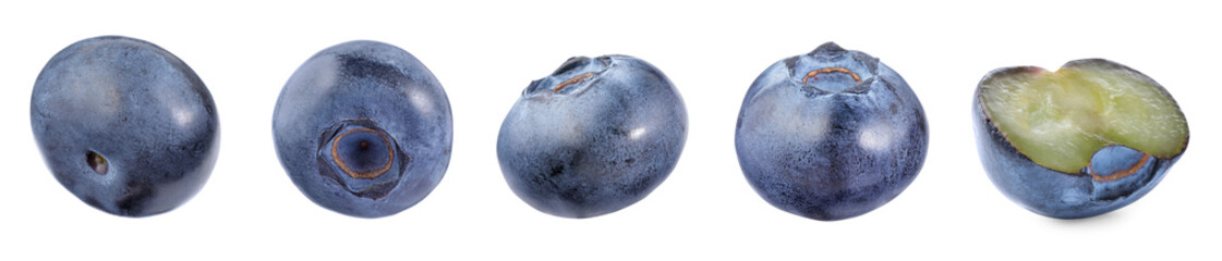 Set with cut and whole blueberries isolated on white