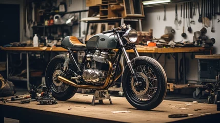 Poster Customize an Old School Cafe Racer motorcycle in a home workshop. © sirisakboakaew