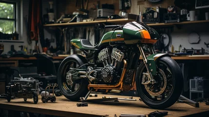 Photo sur Plexiglas Moto Customize an Old School Cafe Racer motorcycle in a home workshop.