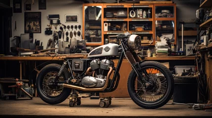 Rolgordijnen Motorfiets Customize an Old School Cafe Racer motorcycle in a home workshop.