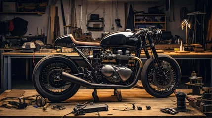 Poster Im Rahmen Customize an Old School Cafe Racer motorcycle in a home workshop. © sirisakboakaew