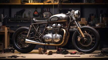 Fototapeta premium Customize an Old School Cafe Racer motorcycle in a home workshop.
