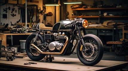 Fototapeta na wymiar Customize an Old School Cafe Racer motorcycle in a home workshop.